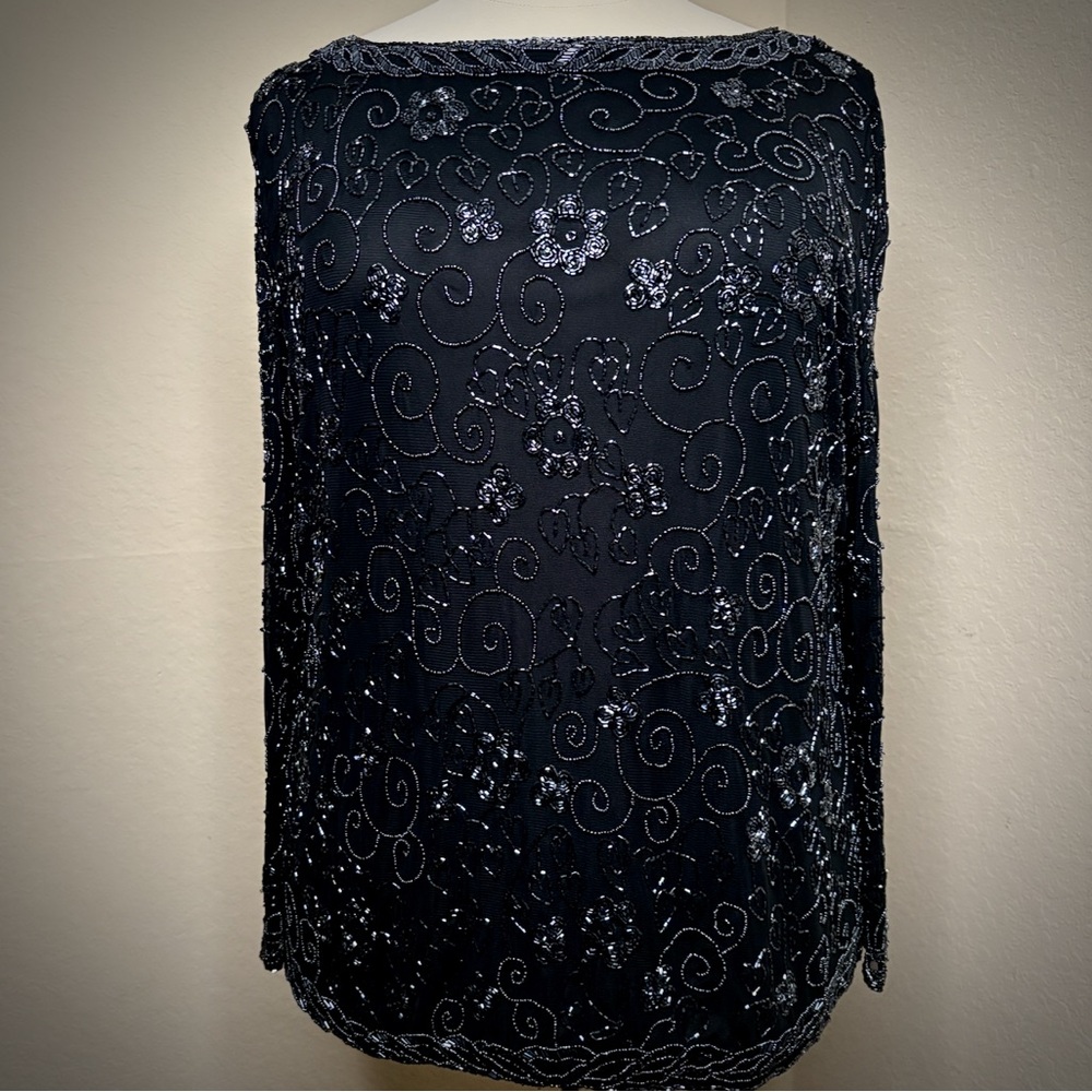 Laurence Kazar Vintage Black Bead Floral Blouse Size 2XL L/S Top Event Hearts